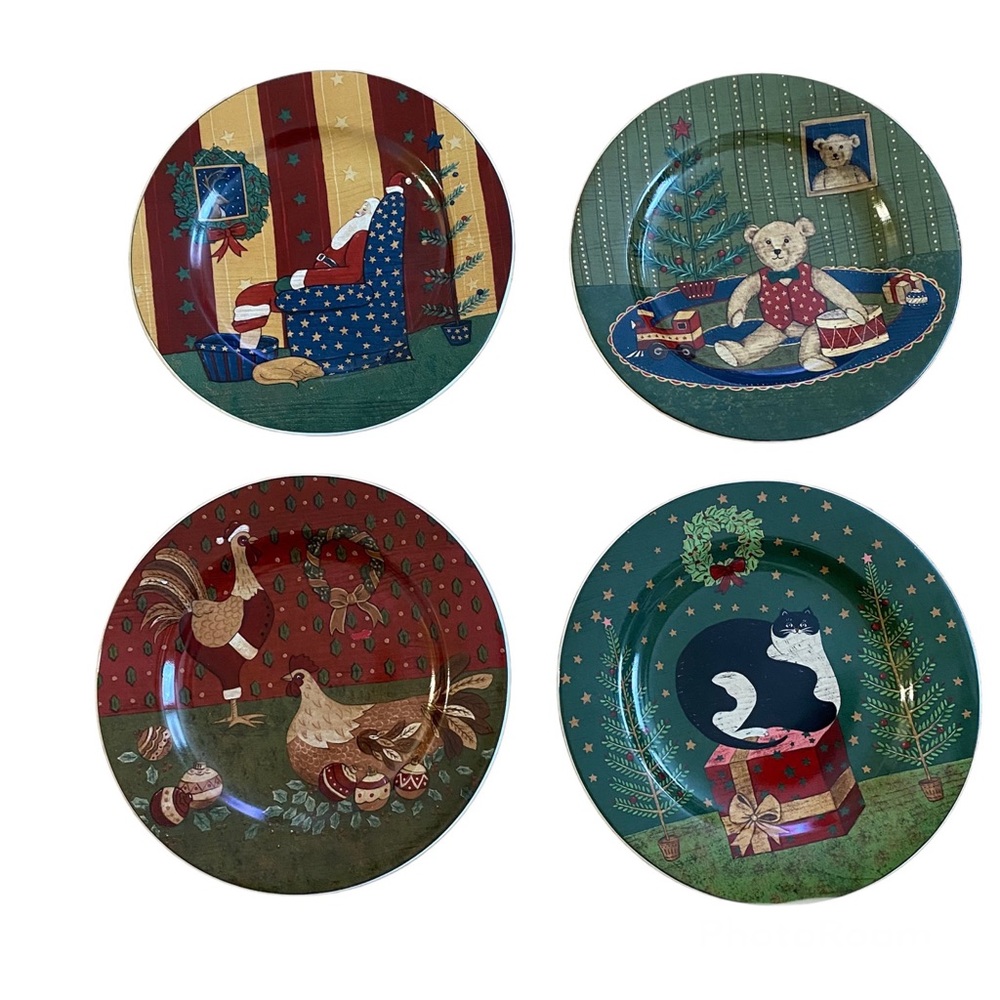 Sakura Holiday Cheer Warren Kimble 4 Stoneware Salad Dessert Plates. Christmas